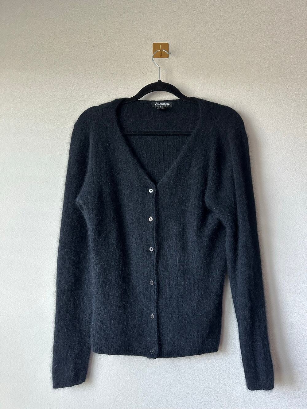 Vintage Y2K Black Angora Rabbit Hair Cardigan Fuzzy V Neck Button Front L